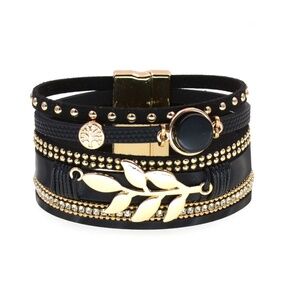 Black Leather And Gold Tree And Leaf Bracelet with Magnetic Clasp